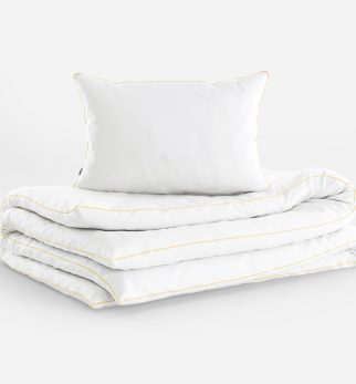 Biała pościel bawełniana Drifter z żółtą lamówką – komplet pościeli 100% bawełna satynowana od Hogai.