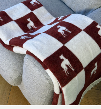 Bawełniany koc Burgundy Lola z kolekcji Iggy – designerski pled HOGAI z motywem psa - we wnętrzu