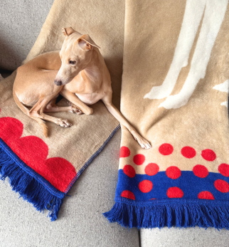 Bawełniany koc Cream Kokos z kolekcji Iggy – designerski pled HOGAI z motywem psa - we wnętrzu