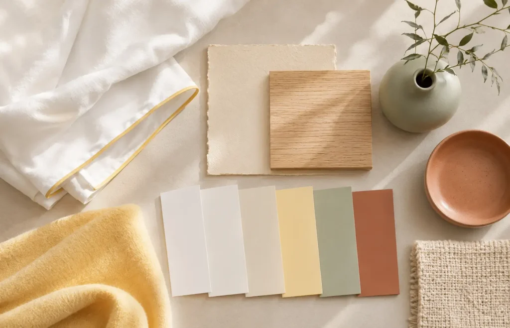 Paleta kolorów do sypialni z odcieniem butter yellow, bielą, szałwią i jasnym drewnem