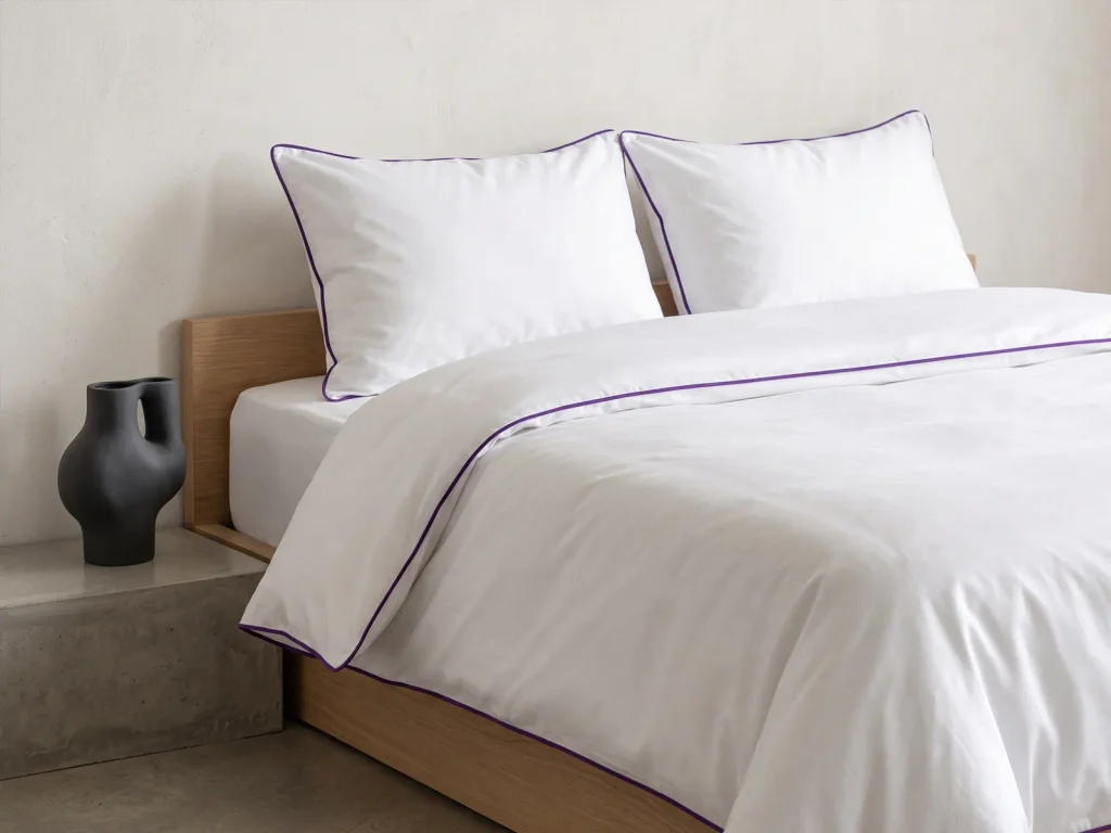 White cotton sateen bedding with coloured piping from the drifter collection