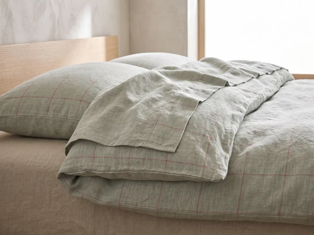Close-up of premium linen bedding showing texture, drape and quality detail