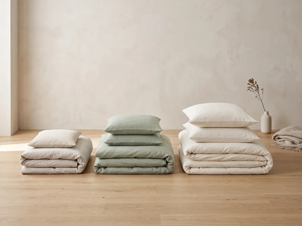 Editorial visual explaining polish bedding sizes with duvet covers and pillowcases arranged by scale